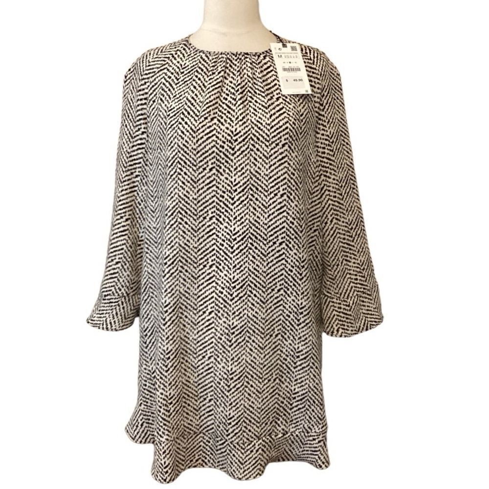 NWT Zara Women's Black Mix Printed Tunic Mini Dress Fluted Sleeve M